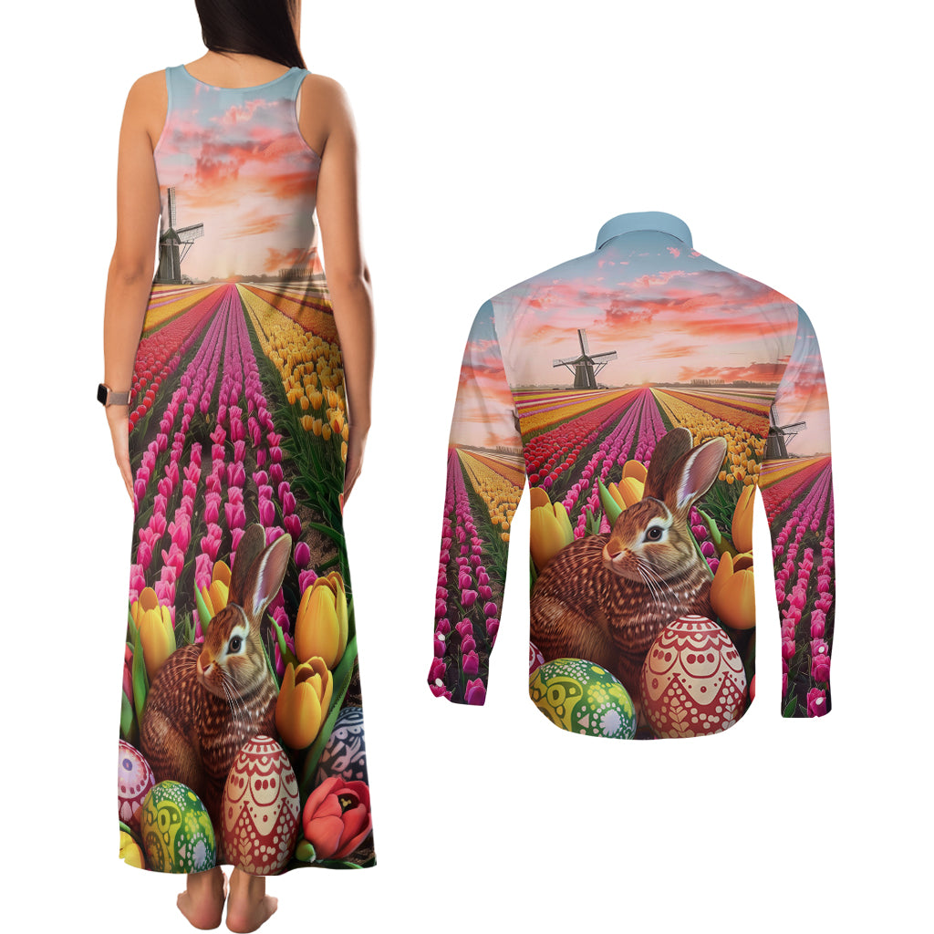 Netherlands Easter 2024 Couples Matching Tank Maxi Dress and Long Sleeve Button Shirt Bunny With Tulips Flowers Field - Wonder Print Shop