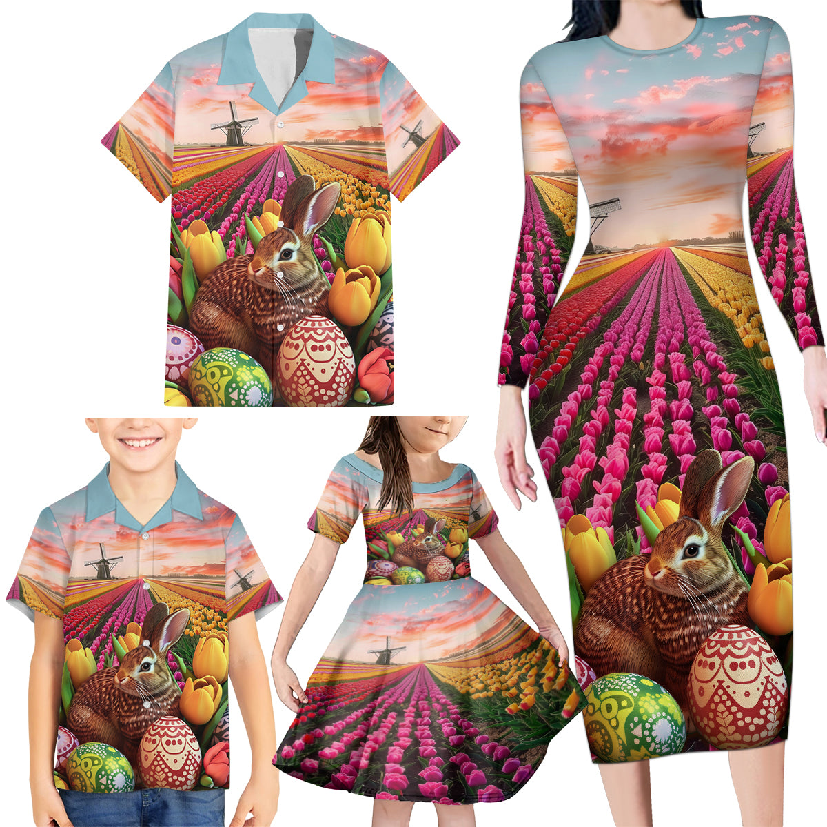 Netherlands Easter 2024 Family Matching Long Sleeve Bodycon Dress and Hawaiian Shirt Bunny With Tulips Flowers Field - Wonder Print Shop