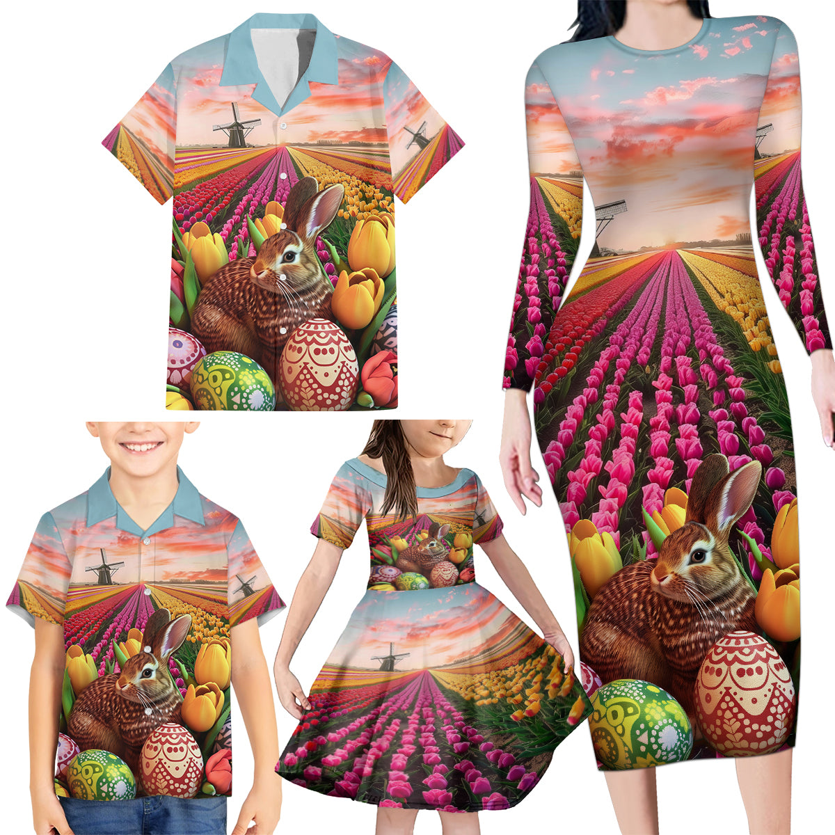 Netherlands Easter 2024 Family Matching Long Sleeve Bodycon Dress and Hawaiian Shirt Bunny With Tulips Flowers Field