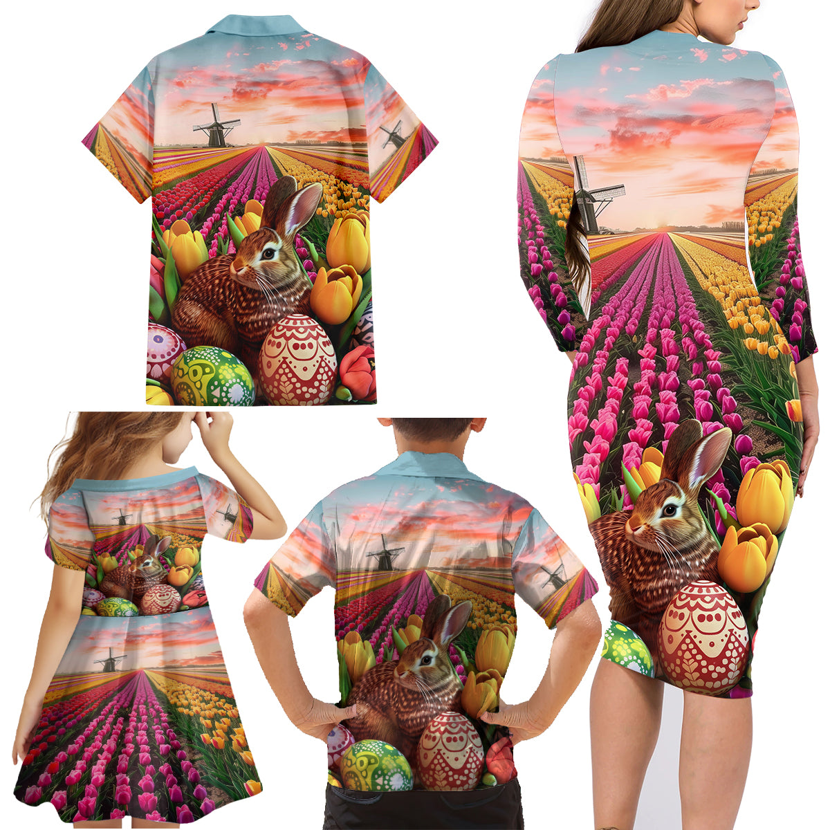 Netherlands Easter 2024 Family Matching Long Sleeve Bodycon Dress and Hawaiian Shirt Bunny With Tulips Flowers Field - Wonder Print Shop