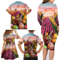 Netherlands Easter 2024 Family Matching Long Sleeve Bodycon Dress and Hawaiian Shirt Bunny With Tulips Flowers Field - Wonder Print Shop