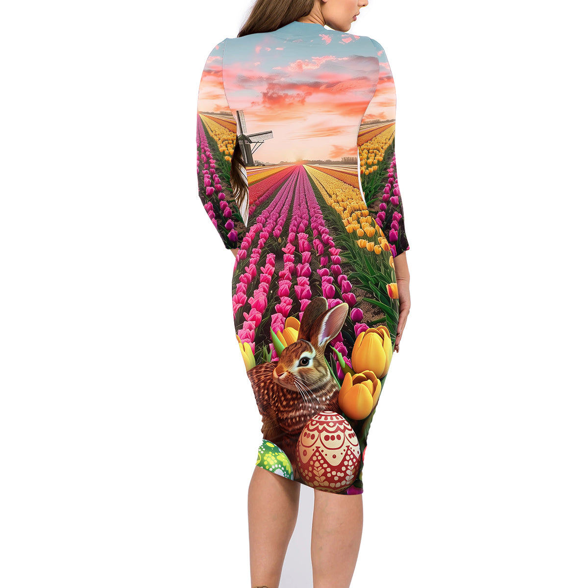 Netherlands Easter 2024 Family Matching Long Sleeve Bodycon Dress and Hawaiian Shirt Bunny With Tulips Flowers Field - Wonder Print Shop