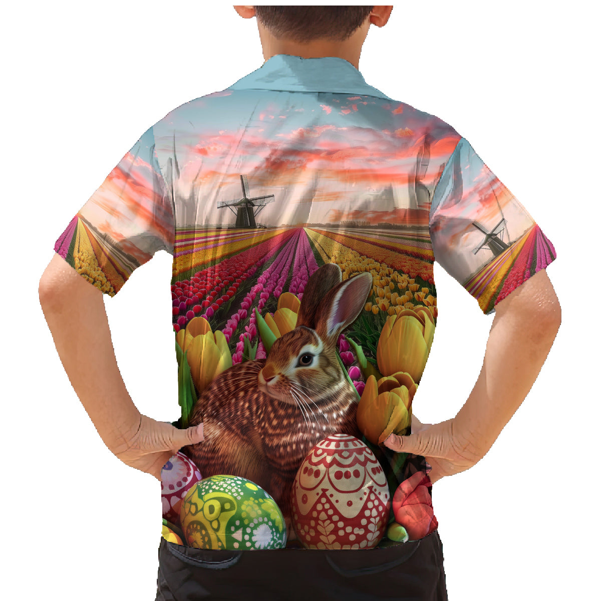 Netherlands Easter 2024 Family Matching Mermaid Dress and Hawaiian Shirt Bunny With Tulips Flowers Field - Wonder Print Shop