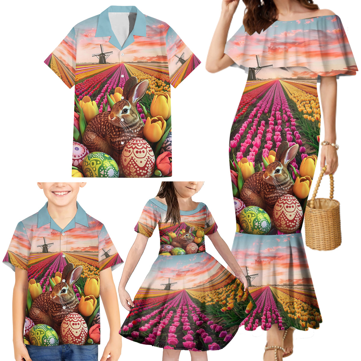 Netherlands Easter 2024 Family Matching Mermaid Dress and Hawaiian Shirt Bunny With Tulips Flowers Field