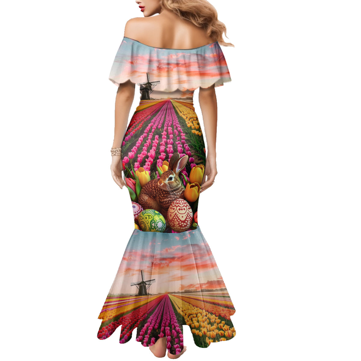 Netherlands Easter 2024 Family Matching Mermaid Dress and Hawaiian Shirt Bunny With Tulips Flowers Field - Wonder Print Shop