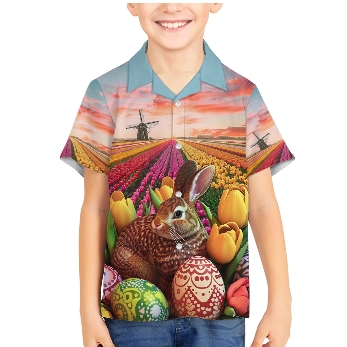 Netherlands Easter 2024 Family Matching Mermaid Dress and Hawaiian Shirt Bunny With Tulips Flowers Field - Wonder Print Shop