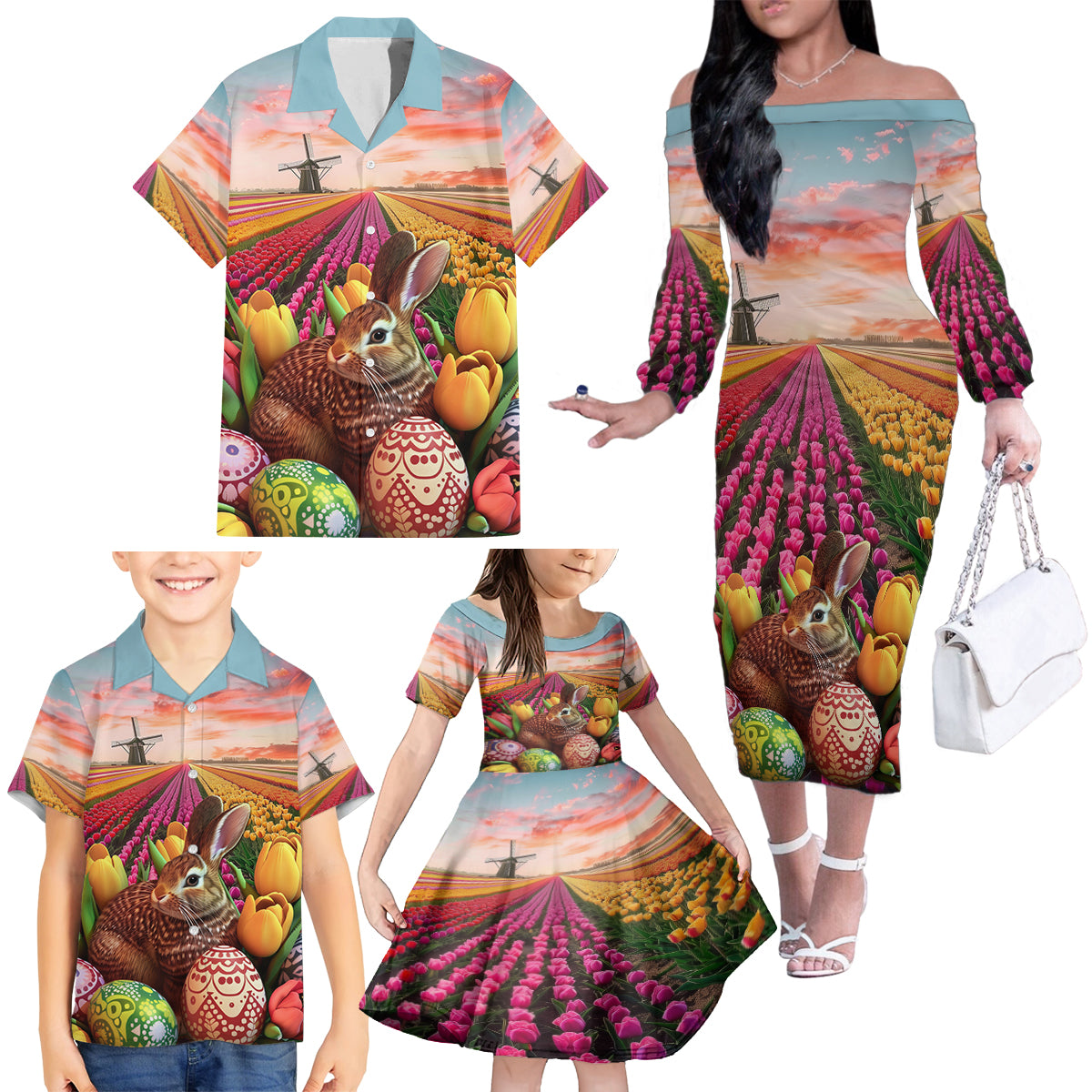 Netherlands Easter 2024 Family Matching Off The Shoulder Long Sleeve Dress and Hawaiian Shirt Bunny With Tulips Flowers Field