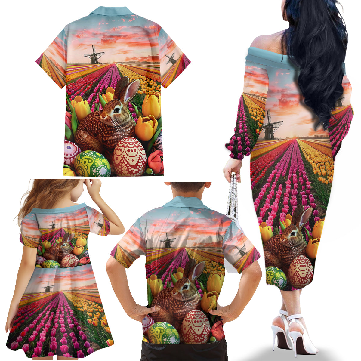 Netherlands Easter 2024 Family Matching Off The Shoulder Long Sleeve Dress and Hawaiian Shirt Bunny With Tulips Flowers Field - Wonder Print Shop