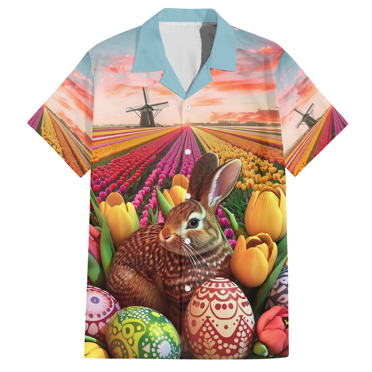 Netherlands Easter 2024 Family Matching Off The Shoulder Long Sleeve Dress and Hawaiian Shirt Bunny With Tulips Flowers Field - Wonder Print Shop