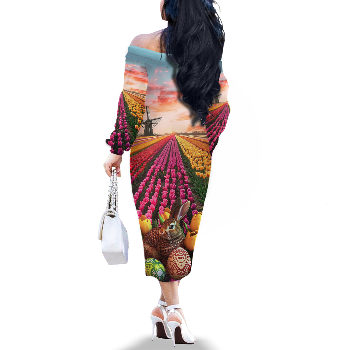 Netherlands Easter 2024 Family Matching Off The Shoulder Long Sleeve Dress and Hawaiian Shirt Bunny With Tulips Flowers Field - Wonder Print Shop