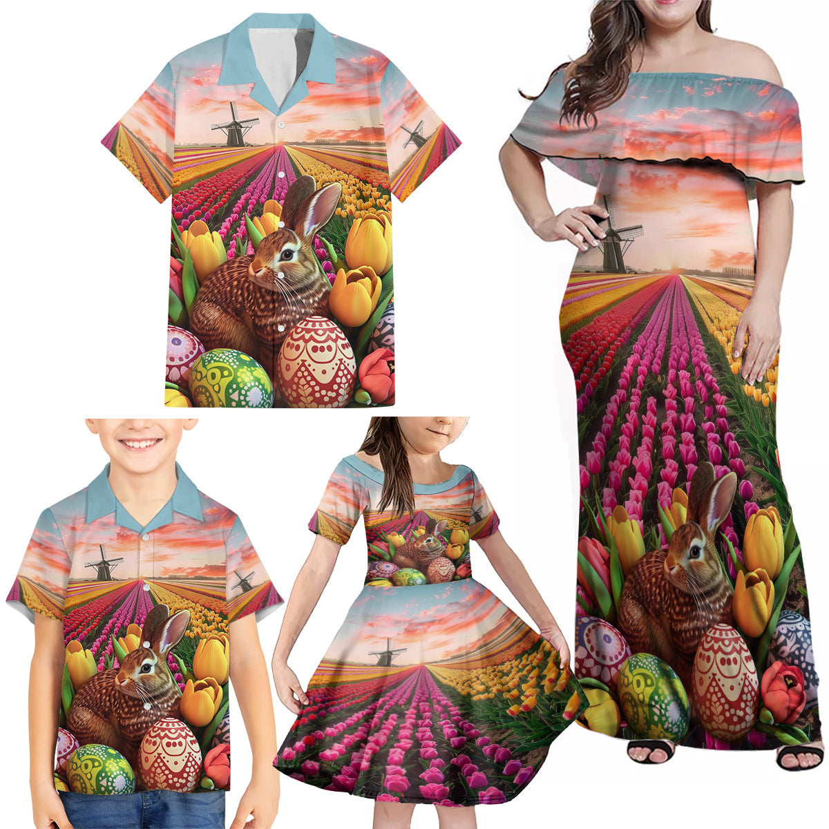 Netherlands Easter 2024 Family Matching Off Shoulder Maxi Dress and Hawaiian Shirt Bunny With Tulips Flowers Field - Wonder Print Shop