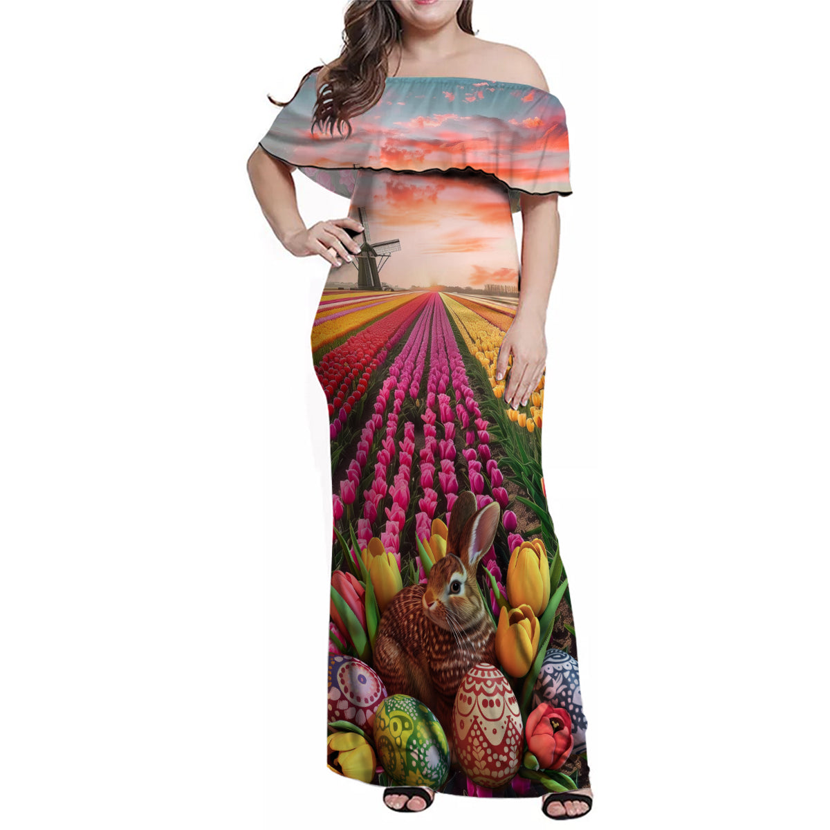 Netherlands Easter 2024 Family Matching Off Shoulder Maxi Dress and Hawaiian Shirt Bunny With Tulips Flowers Field - Wonder Print Shop