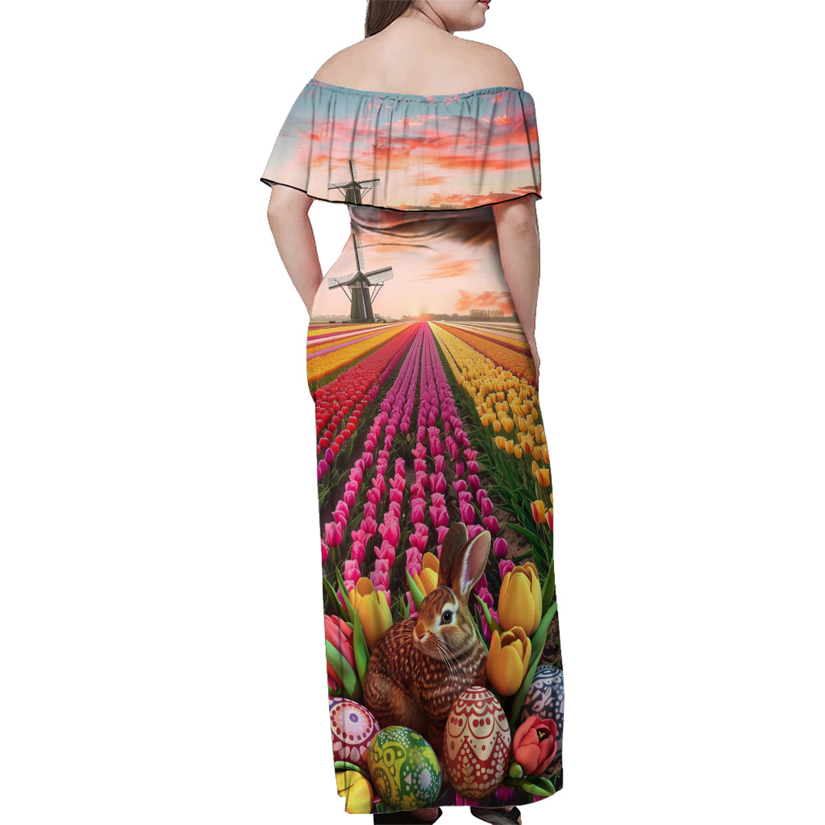 Netherlands Easter 2024 Family Matching Off Shoulder Maxi Dress and Hawaiian Shirt Bunny With Tulips Flowers Field - Wonder Print Shop
