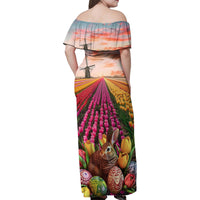 Netherlands Easter 2024 Family Matching Off Shoulder Maxi Dress and Hawaiian Shirt Bunny With Tulips Flowers Field - Wonder Print Shop