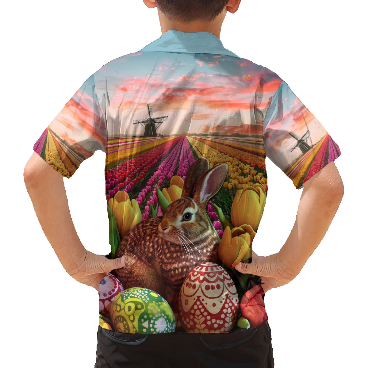 Netherlands Easter 2024 Family Matching Off Shoulder Short Dress and Hawaiian Shirt Bunny With Tulips Flowers Field - Wonder Print Shop