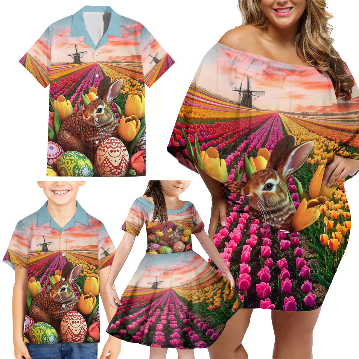 Netherlands Easter 2024 Family Matching Off Shoulder Short Dress and Hawaiian Shirt Bunny With Tulips Flowers Field