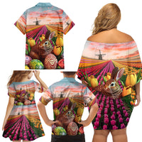 Netherlands Easter 2024 Family Matching Off Shoulder Short Dress and Hawaiian Shirt Bunny With Tulips Flowers Field - Wonder Print Shop