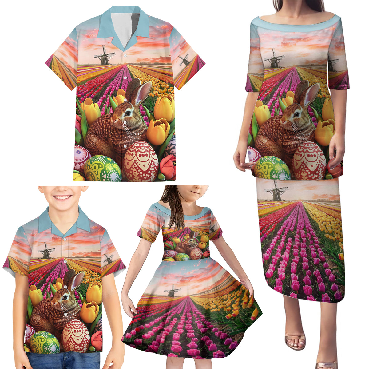 Netherlands Easter 2024 Family Matching Puletasi and Hawaiian Shirt Bunny With Tulips Flowers Field - Wonder Print Shop