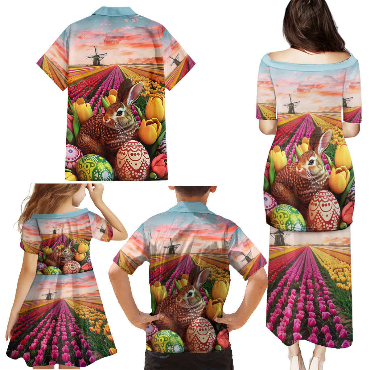 Netherlands Easter 2024 Family Matching Puletasi and Hawaiian Shirt Bunny With Tulips Flowers Field - Wonder Print Shop