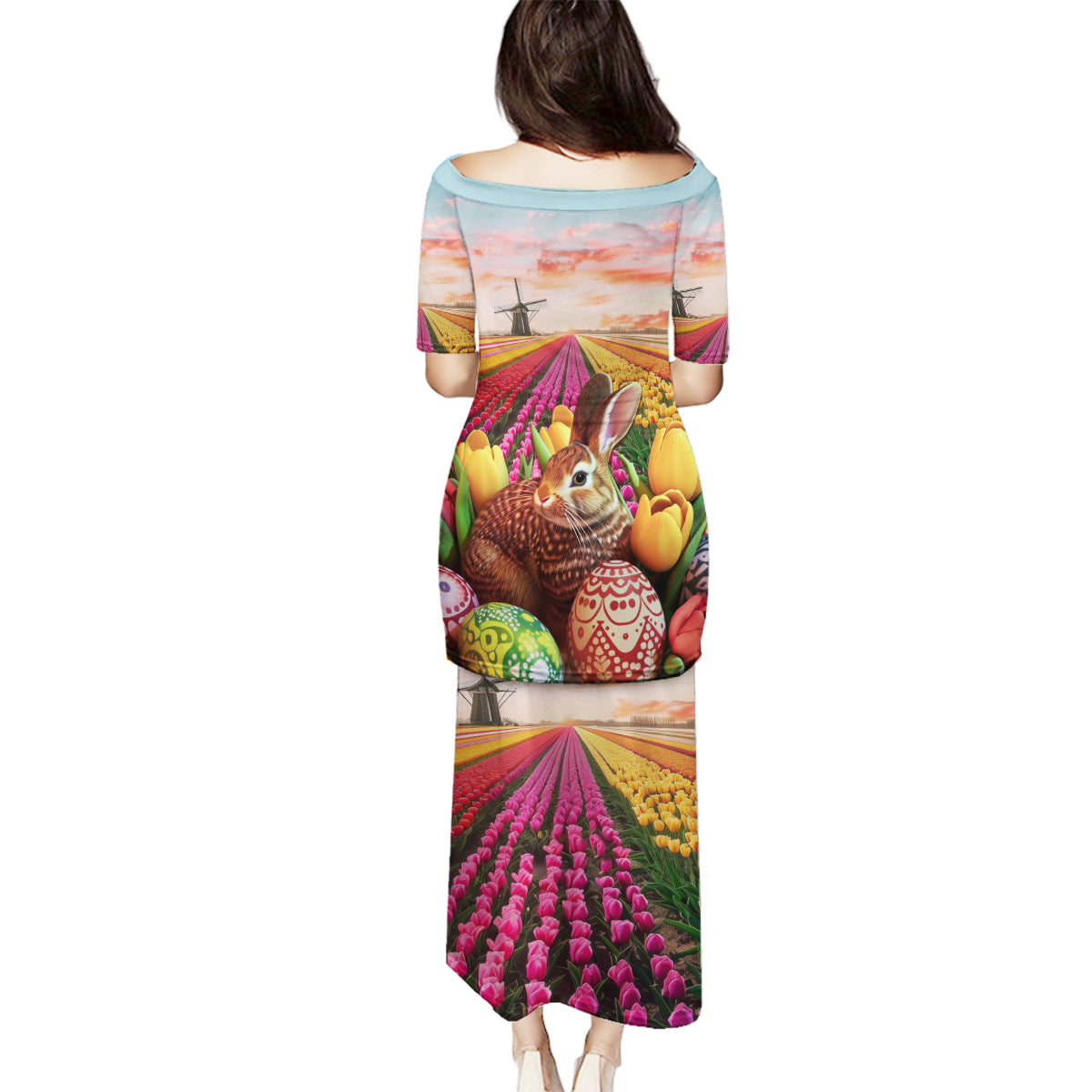 Netherlands Easter 2024 Family Matching Puletasi and Hawaiian Shirt Bunny With Tulips Flowers Field - Wonder Print Shop