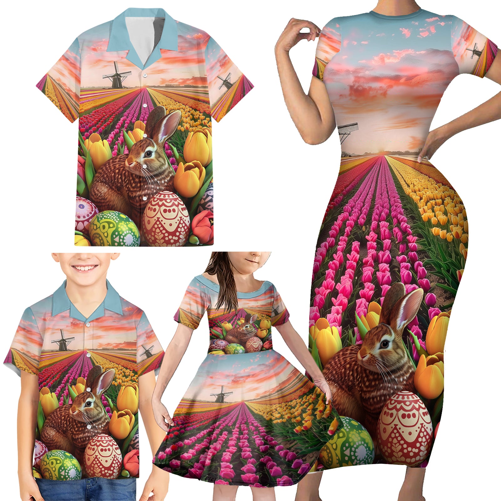 Netherlands Easter 2024 Family Matching Short Sleeve Bodycon Dress and Hawaiian Shirt Bunny With Tulips Flowers Field