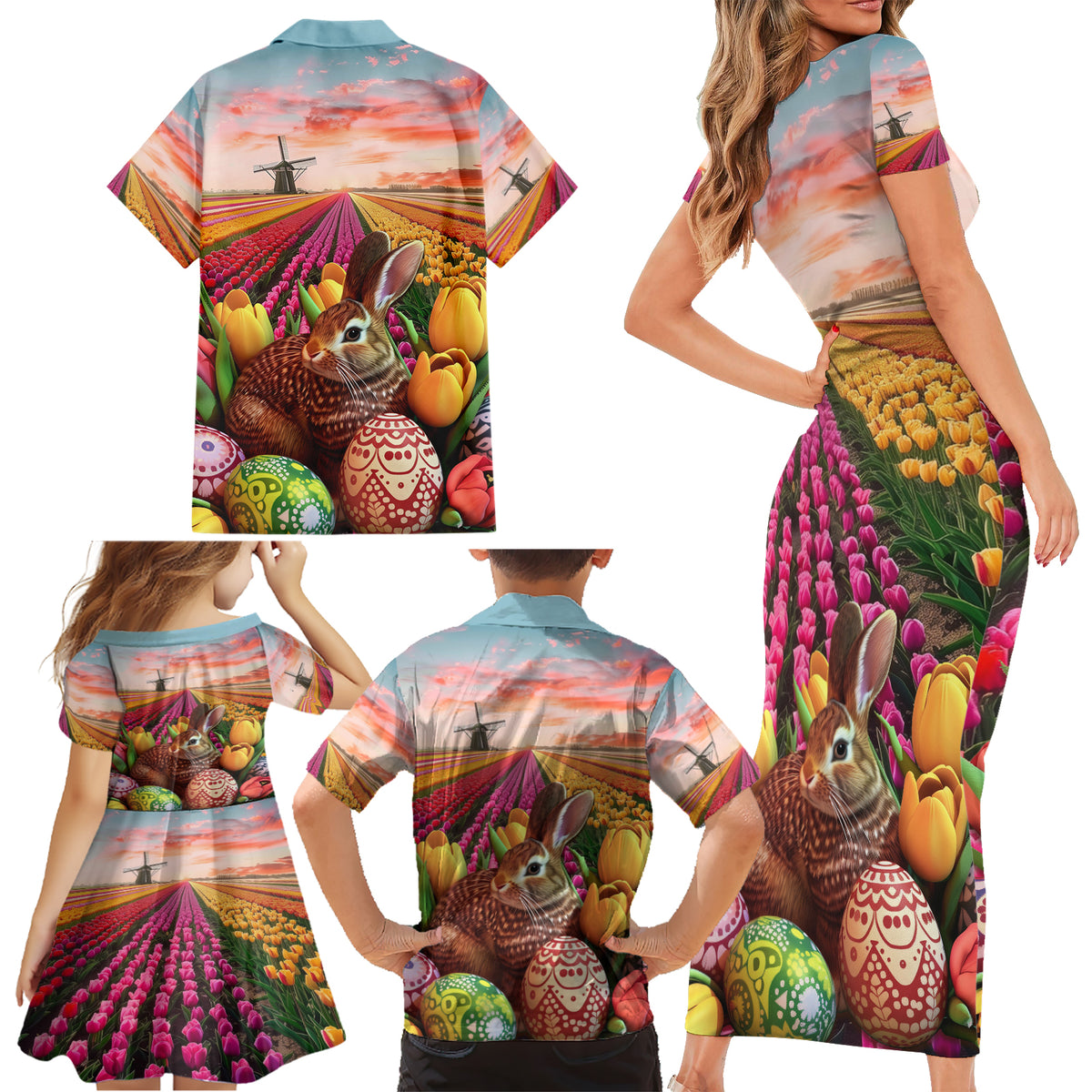 Netherlands Easter 2024 Family Matching Short Sleeve Bodycon Dress and Hawaiian Shirt Bunny With Tulips Flowers Field - Wonder Print Shop