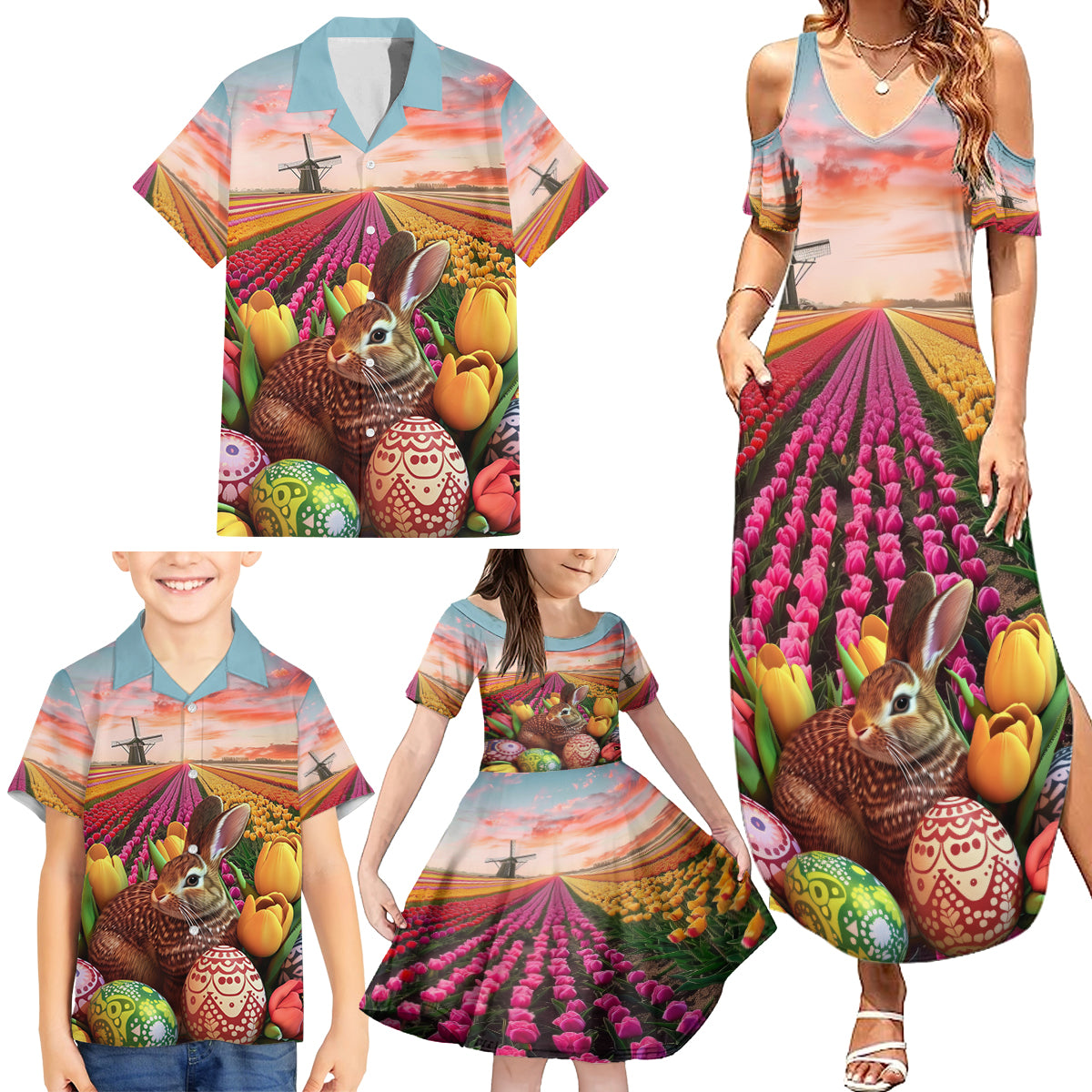 Netherlands Easter 2024 Family Matching Summer Maxi Dress and Hawaiian Shirt Bunny With Tulips Flowers Field - Wonder Print Shop