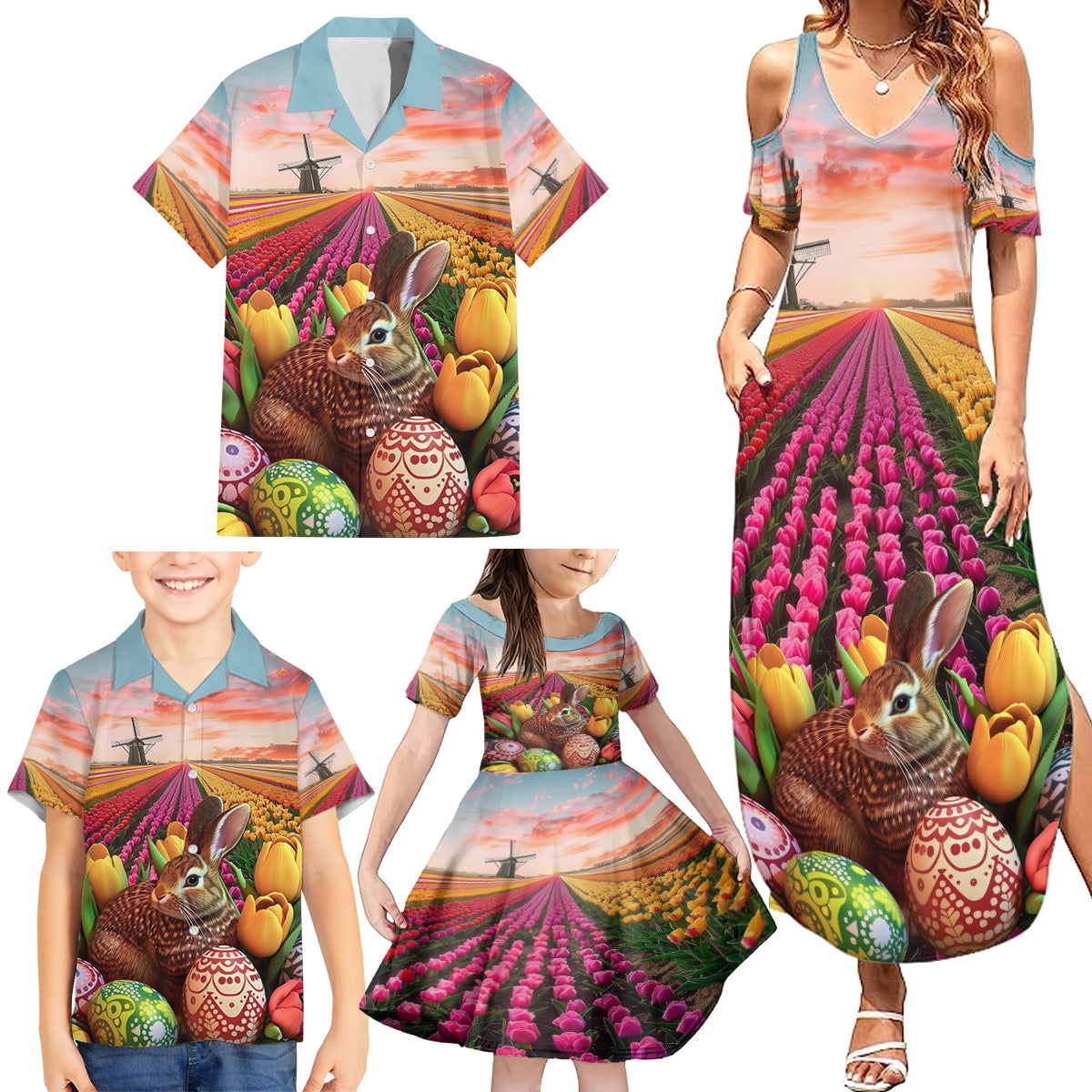 Netherlands Easter 2024 Family Matching Summer Maxi Dress and Hawaiian Shirt Bunny With Tulips Flowers Field