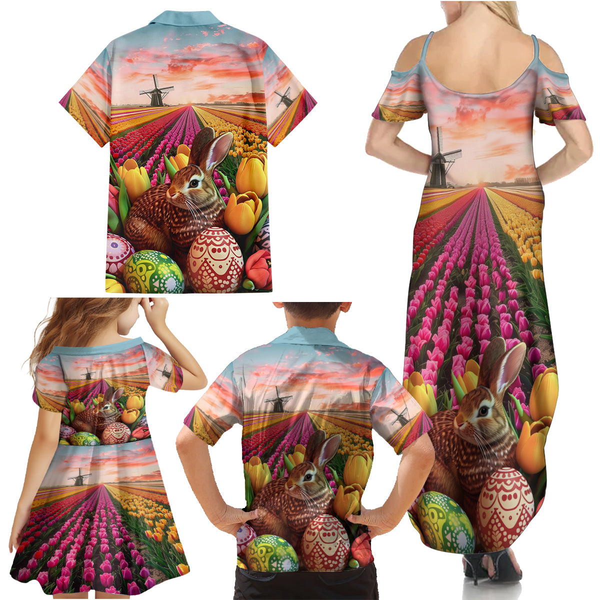 Netherlands Easter 2024 Family Matching Summer Maxi Dress and Hawaiian Shirt Bunny With Tulips Flowers Field - Wonder Print Shop