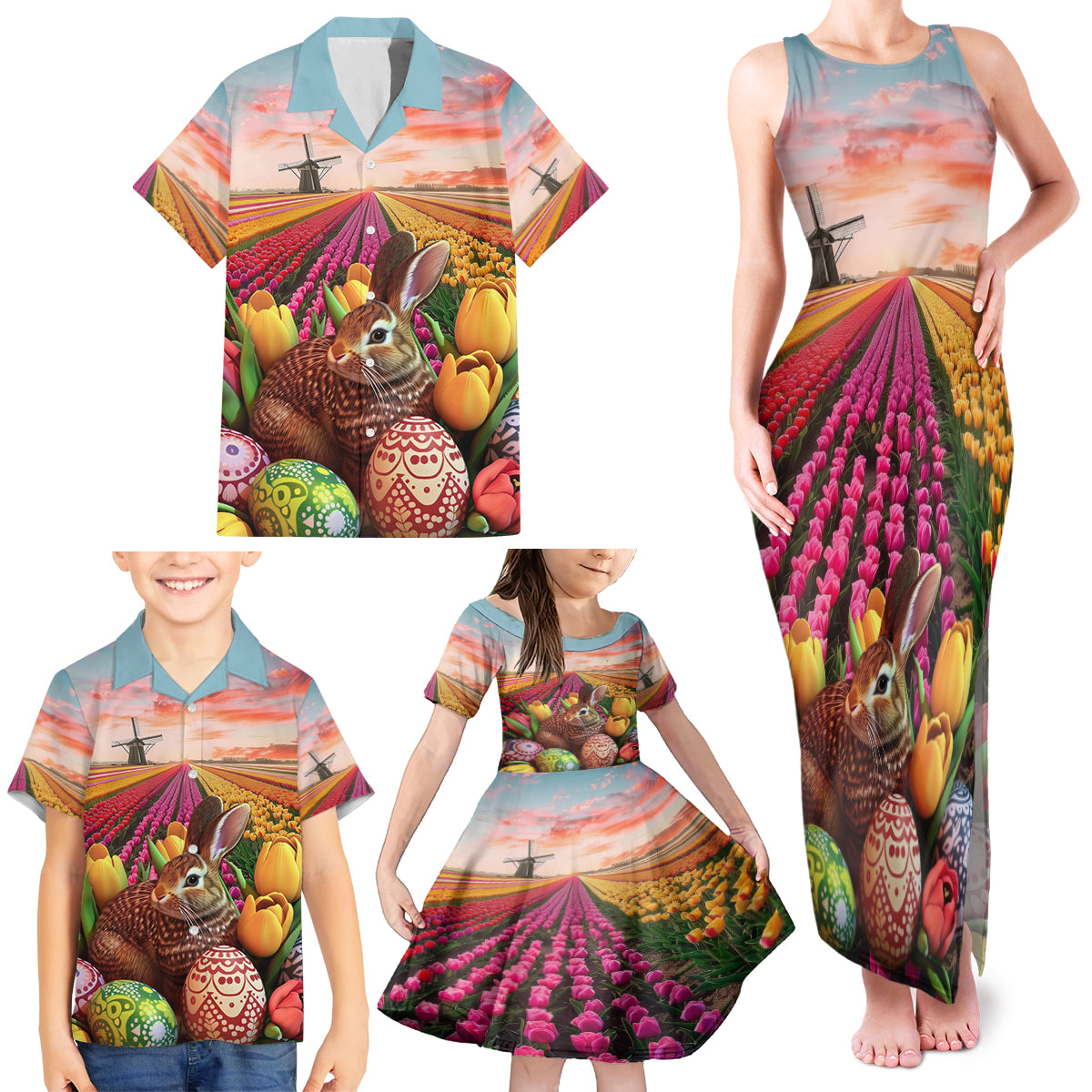 Netherlands Easter 2024 Family Matching Tank Maxi Dress and Hawaiian Shirt Bunny With Tulips Flowers Field - Wonder Print Shop