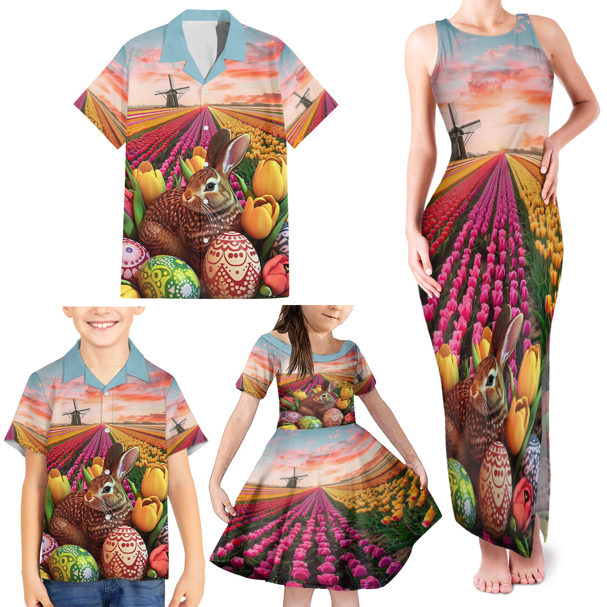 Netherlands Easter 2024 Family Matching Tank Maxi Dress and Hawaiian Shirt Bunny With Tulips Flowers Field