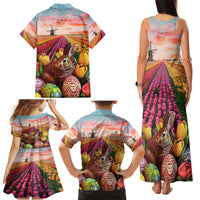 Netherlands Easter 2024 Family Matching Tank Maxi Dress and Hawaiian Shirt Bunny With Tulips Flowers Field - Wonder Print Shop