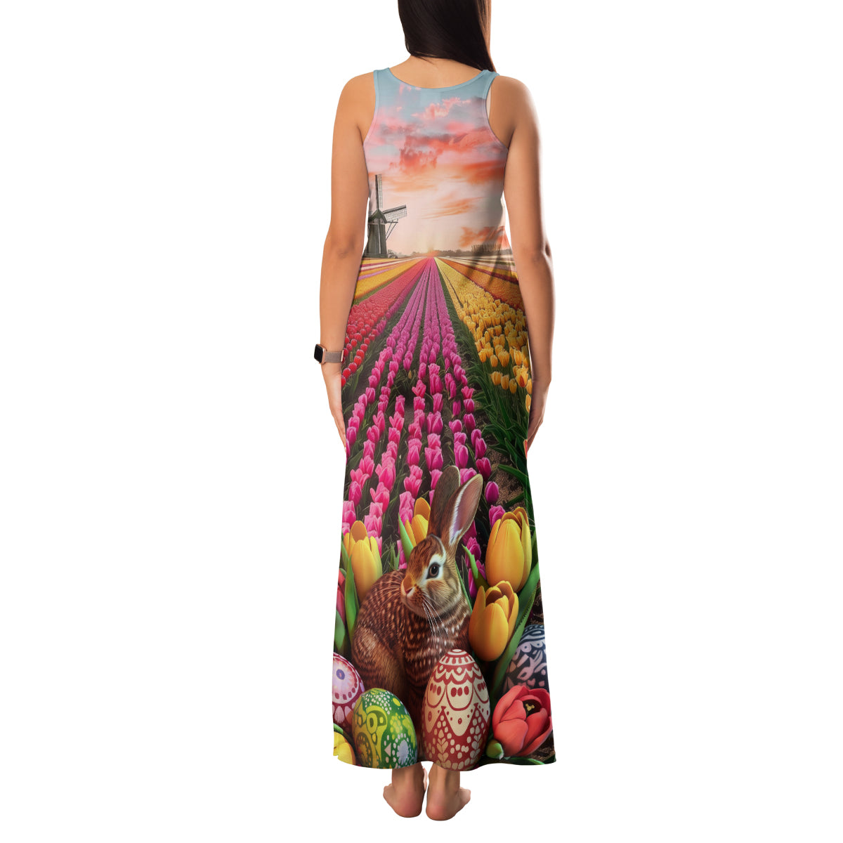 Netherlands Easter 2024 Family Matching Tank Maxi Dress and Hawaiian Shirt Bunny With Tulips Flowers Field - Wonder Print Shop