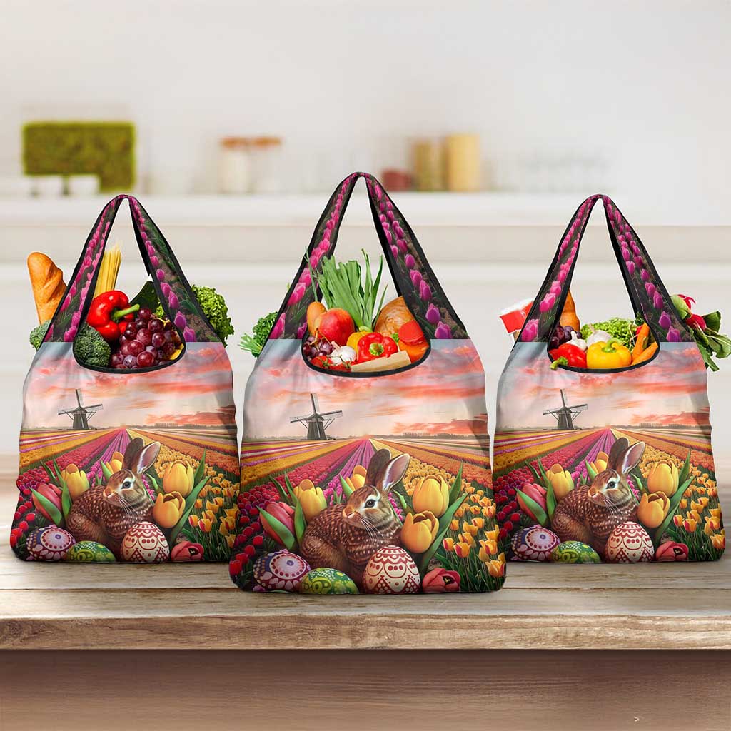 Netherlands Easter 2024 Grocery Bag Bunny With Tulips Flowers Field