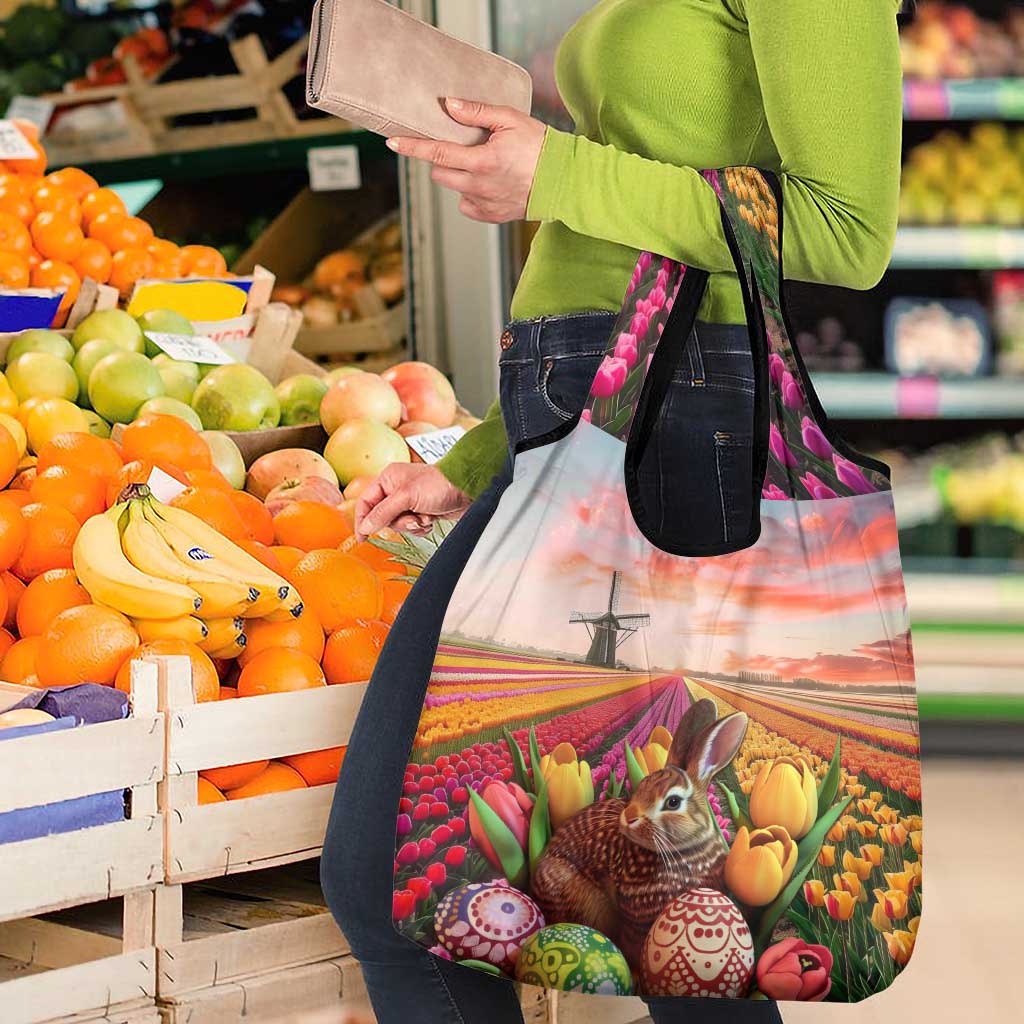 Netherlands Easter 2024 Grocery Bag Bunny With Tulips Flowers Field