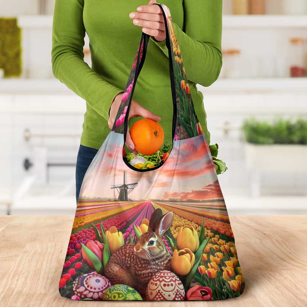 Netherlands Easter 2024 Grocery Bag Bunny With Tulips Flowers Field