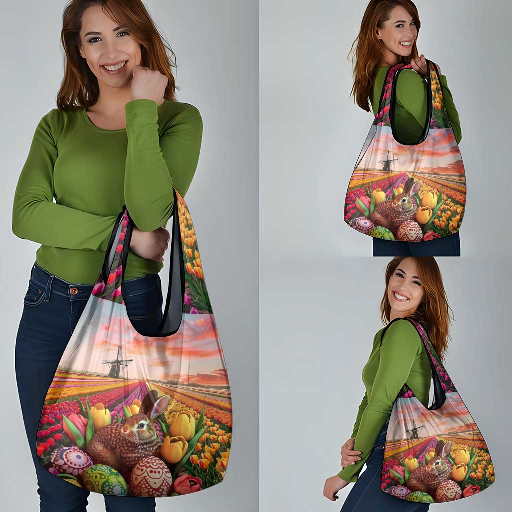 Netherlands Easter 2024 Grocery Bag Bunny With Tulips Flowers Field