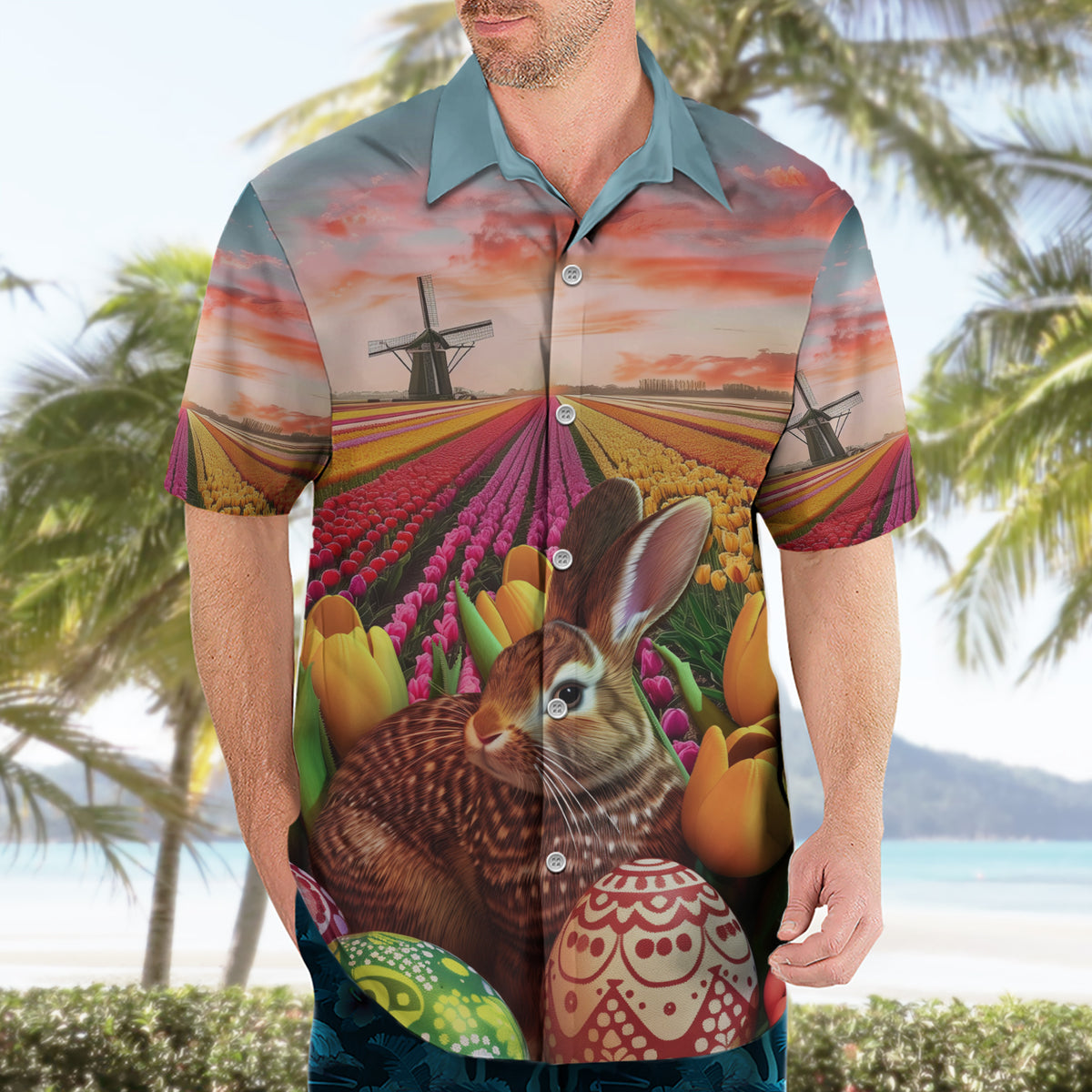 Netherlands Easter 2024 Hawaiian Shirt Bunny With Tulips Flowers Field - Wonder Print Shop