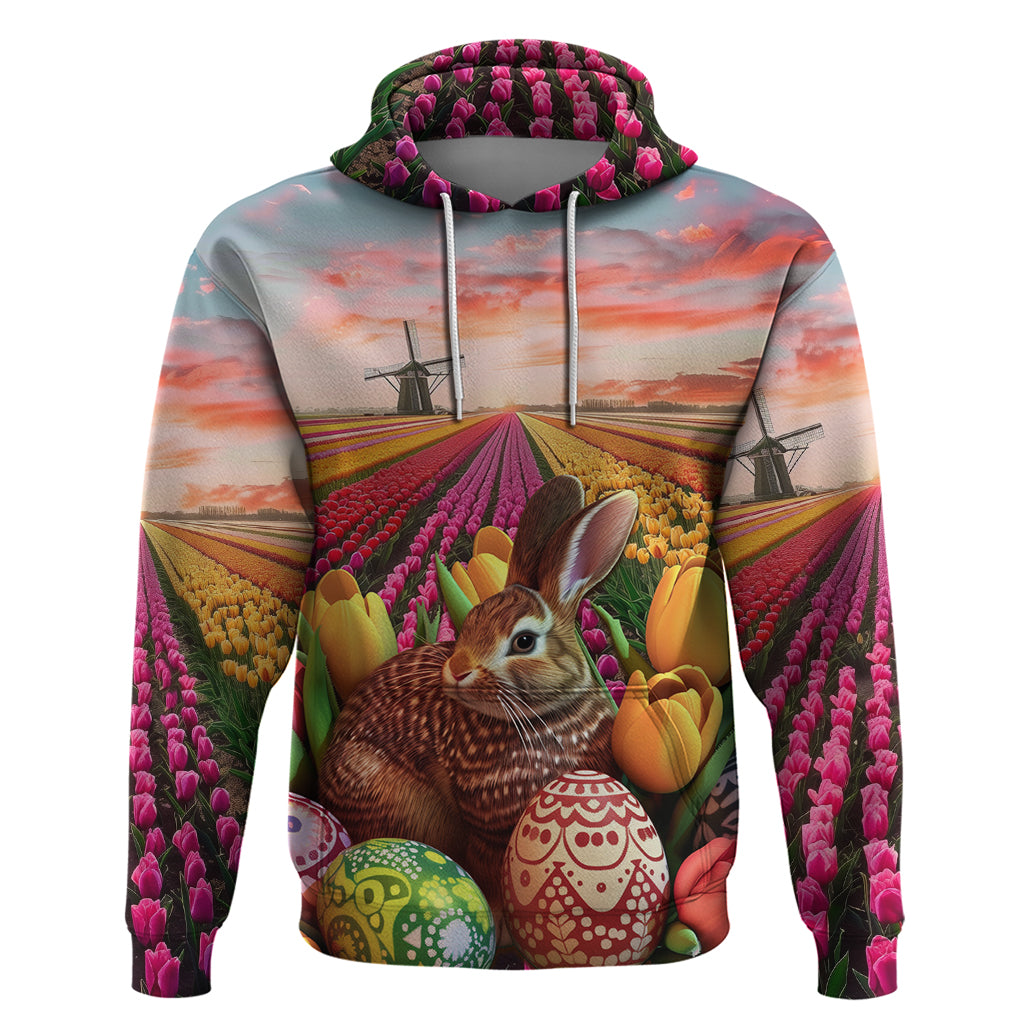 Netherlands Easter 2024 Hoodie Bunny With Tulips Flowers Field