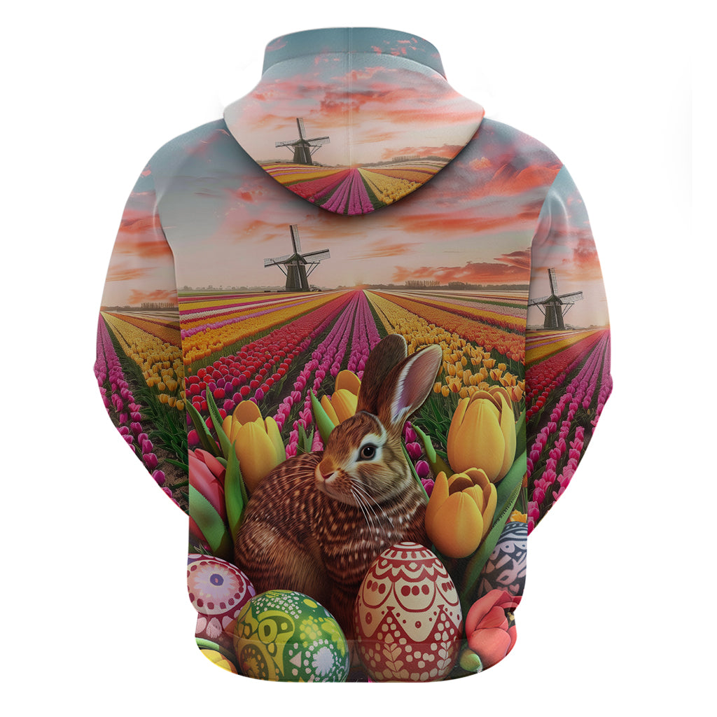 Netherlands Easter 2024 Hoodie Bunny With Tulips Flowers Field - Wonder Print Shop