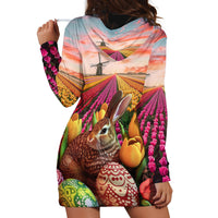 Netherlands Easter 2024 Hoodie Dress Bunny With Tulips Flowers Field - Wonder Print Shop
