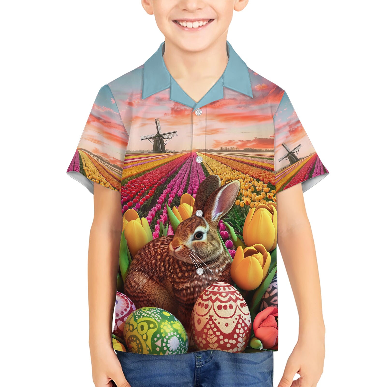 Netherlands Easter 2024 Kid Hawaiian Shirt Bunny With Tulips Flowers Field - Wonder Print Shop