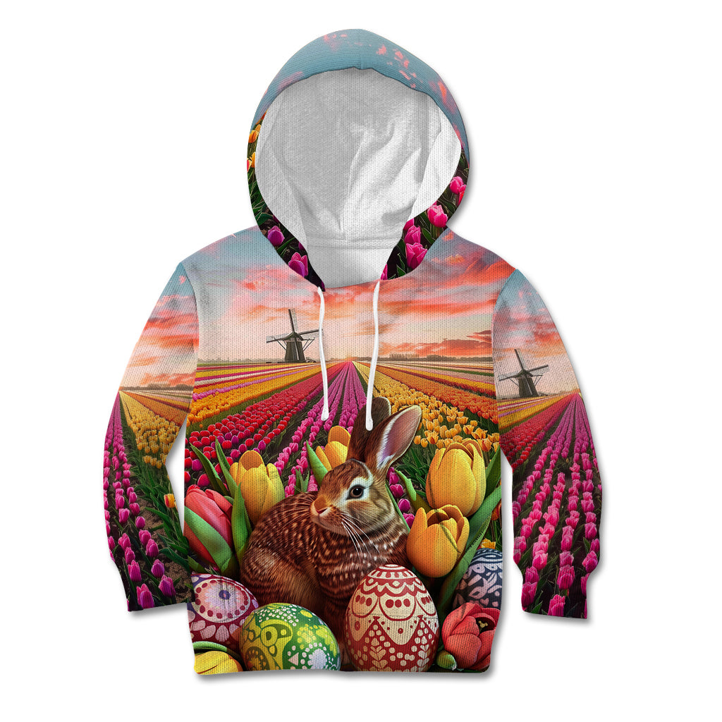 Netherlands Easter 2024 Kid Hoodie Bunny With Tulips Flowers Field - Wonder Print Shop