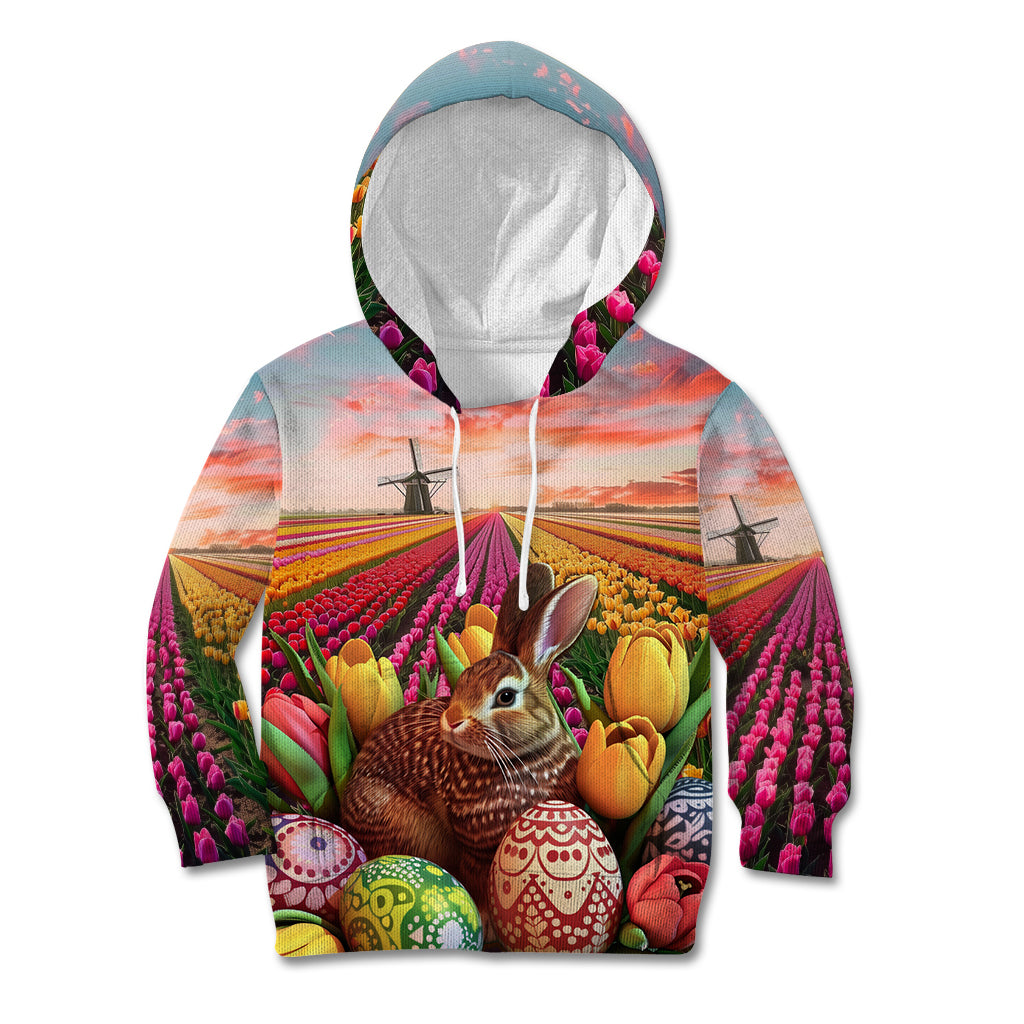 Netherlands Easter 2024 Kid Hoodie Bunny With Tulips Flowers Field