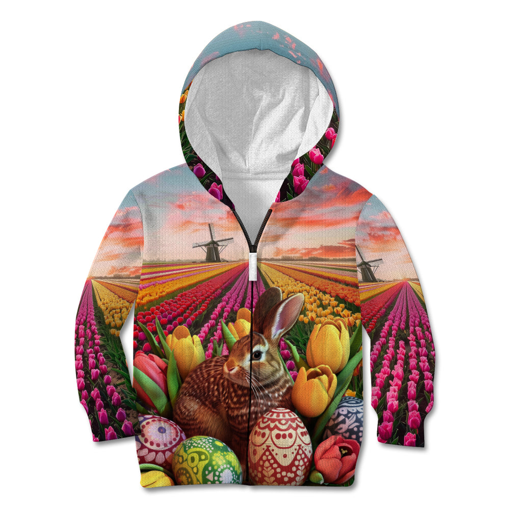 Netherlands Easter 2024 Kid Hoodie Bunny With Tulips Flowers Field - Wonder Print Shop