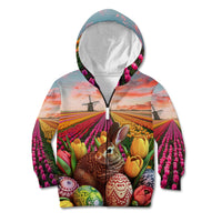Netherlands Easter 2024 Kid Hoodie Bunny With Tulips Flowers Field - Wonder Print Shop