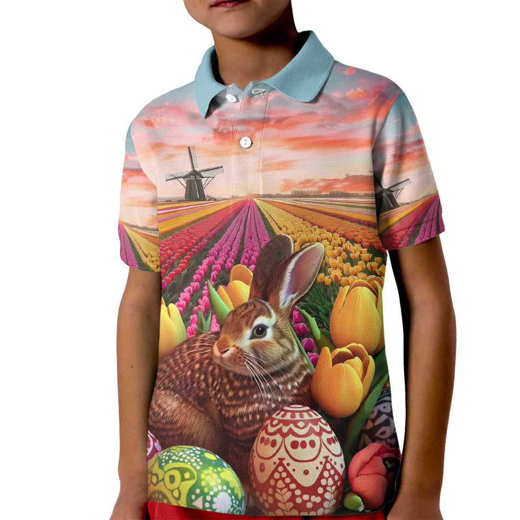 Netherlands Easter 2024 Kid Polo Shirt Bunny With Tulips Flowers Field - Wonder Print Shop
