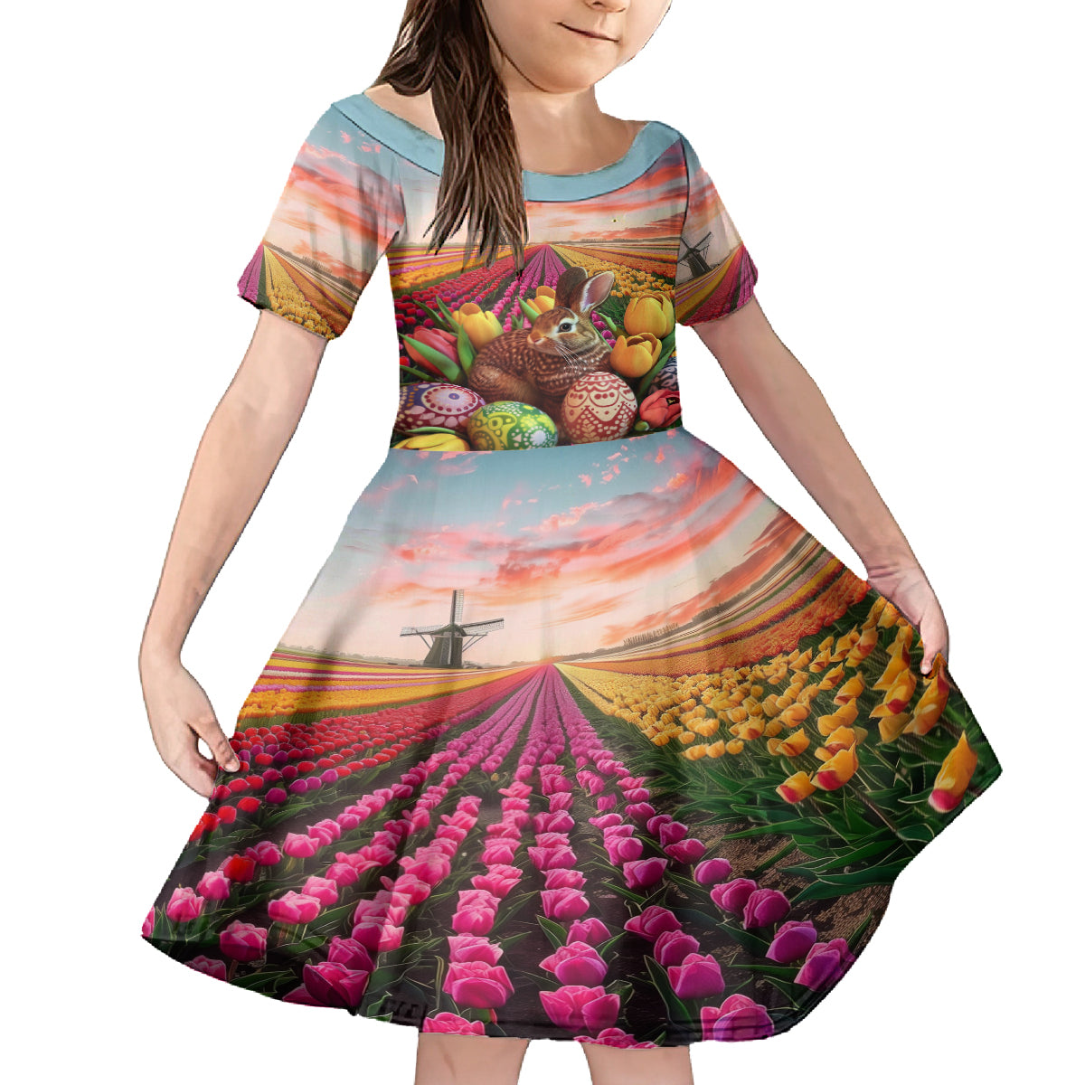 Netherlands Easter 2024 Kid Short Sleeve Dress Bunny With Tulips Flowers Field