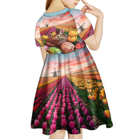 Netherlands Easter 2024 Kid Short Sleeve Dress Bunny With Tulips Flowers Field - Wonder Print Shop