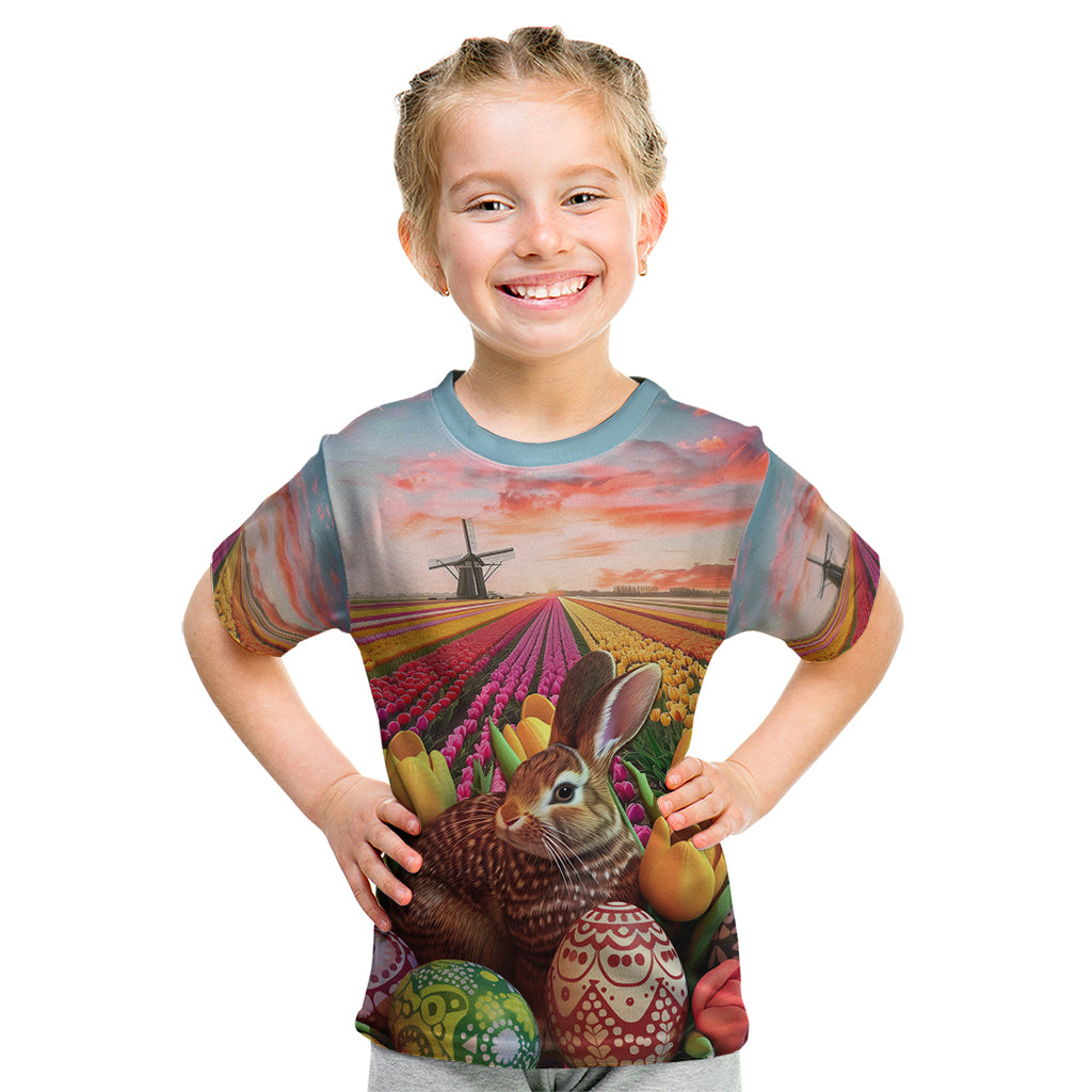 Netherlands Easter 2024 Kid T Shirt Bunny With Tulips Flowers Field